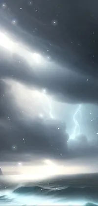 This phone live wallpaper displays a serene vista of a vast body of water beneath a cloudy sky, portrayed in a dark, high-key lighting, embellished with occasional bolts of lightning for dramatic effect