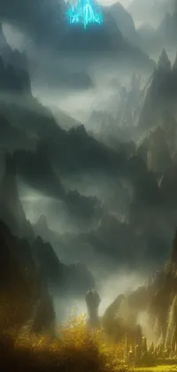 This incredible phone wallpaper features a stunning matte painting of a castle surrounded by rugged mountains