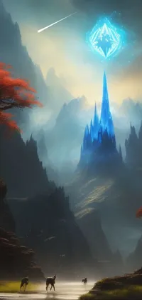 This phone live wallpaper features a stunning painting of two horse-riders approaching a castle, surrounded by a magical forest with an alien mountain backdrop