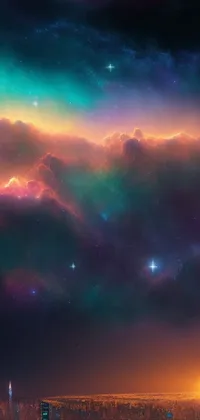 This city night live wallpaper features a starry sky, colorful clouds, gradient-mixed nebula sky, space photo, glowing nacreous clouds, and an awe-inspiring aurora borealis