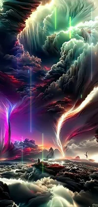 Get mesmerized by the beauty of nature with this live wallpaper for your phone! It features a swirling tornado coming out of the sky, lighting up the vivid neon landscape in pinks, purples, and blues