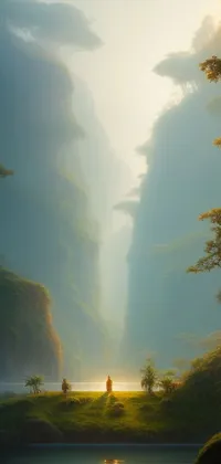 This stunning live wallpaper depicts a warrior standing atop a green hill surrounded by dense jungle