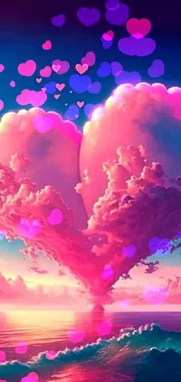 This stunning phone live wallpaper features a heart-shaped cloud floating in the ocean with a romantic and dreamy aesthetic