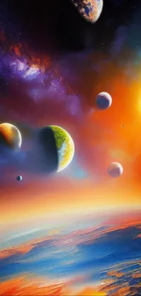 This phone live wallpaper depicts a group of planets floating in the sky as an airbrush painting with a vibrant color scheme, inspired by space art