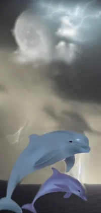 This phone live wallpaper showcases two jumping dolphins in front of a full moon using ray tracing, delivering a vivid and realistic view