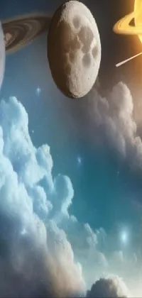 This live wallpaper features stunning space art that includes a moving moon and multiple planets, dreamy clouds, and shooting stars that streak across the screen