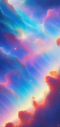 This phone live wallpaper boasts a stunning concept art of a colorful sky with clouds, reminiscent of space art, set in the astral plane
