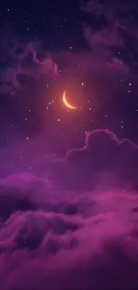 This live wallpaper for your phone features a vibrant purple sky with a crescent moon at the center