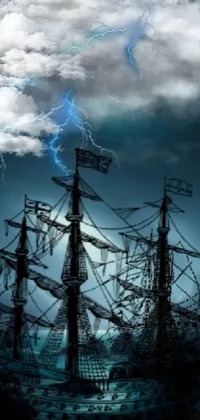 This phone live wallpaper depicts a ship sailing on a body of water, under a cloudy sky