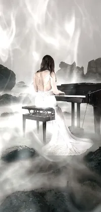 The stunning live wallpaper features a woman playing the piano on a rocky beach surrounded by a misty sea as seen through a romanticist lens