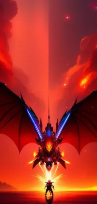 This fiery dragon phone live wallpaper features a fierce dragon with glowing red eyes flying through the clouds