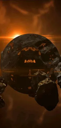 This phone live wallpaper features a surreal and mystical scene with floating rocks, a glowing magma sphere, a black glowing sun, and high-definition visual effects