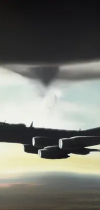 This live wallpaper presents a surreal and breath-taking scene of a large jet soaring through a cloudy sky amidst the chaos of a nuclear bomb blast and a twister
