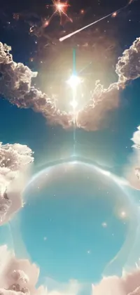 This phone live wallpaper features a stunning sky filled with fluffy clouds, a shining star, and two suns
