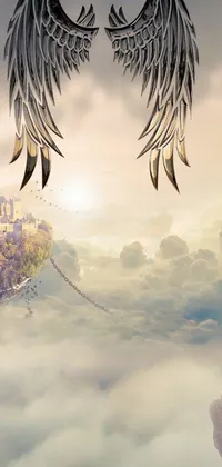This phone live wallpaper shows a magnificent fantasy land with a stunning castle and a floating city all draped in white clouds