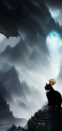 This live wallpaper features a cat sitting on a rock amidst dark mountains and icy caverns