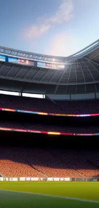This phone live wallpaper features a soccer ball and stadium displaying a panoramic widescreen view with a lively crowd and volumetric lighting