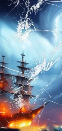 The phone live wallpaper displays a ship on fire in the ocean during a magical thunderstorm