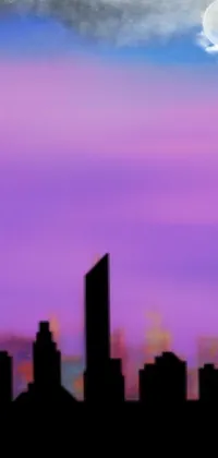 This digital art wallpaper depicts a plane soaring over a city skyline saturated in shades of purple that bring a mysterious and alluring atmosphere to your phone screen