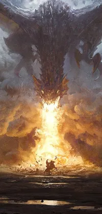 This dynamic phone wallpaper features captivating fantasy art, including a fierce dragon breathing fire, a striking image of a man face-to-face with the beast, a stunning depiction of a majestic phoenix rising from the ashes, and an enchanting scene of a magical forest illuminated by glowing mushrooms
