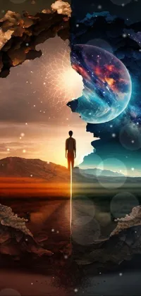 Looking for a phone background that's out of this world? Check out this stunning live wallpaper inspired by space and the desert! With intricate digital art and high-quality fantasy stock photos, this wallpaper features a man standing in a barren desert and epic cosmic portals split in half