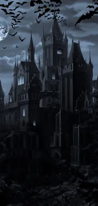 This is a black and white photo of a gothic castle at night, featuring a matte painting style