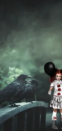 This phone live wallpaper has a spooky gothic girl in Pennywise-inspired outfit as a central figure