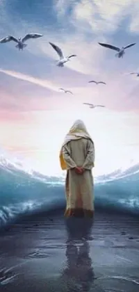 This live wallpaper features a surrealistic scene of a person standing in calm water