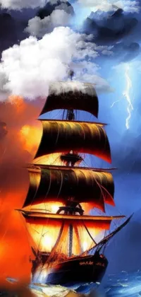 This phone live wallpaper is a stunning digital painting of a sailing ship cutting through the deep blue ocean
