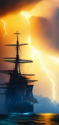 This live phone wallpaper showcases a tall ship surrounded by dark clouds in a body of water in a romanticism-inspired style