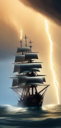 A stunning live wallpaper featuring a ship sailing in the ocean against a backdrop of a lightning bolt