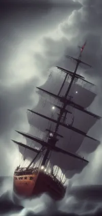 This live wallpaper depicts a tall ship sailing on rough waters, inspired by classic artwork