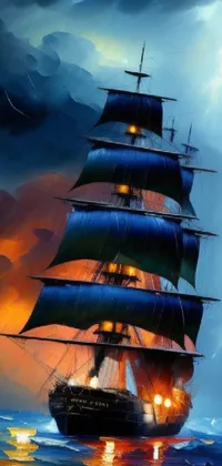 This stunning phone wallpaper features a magnificent tall ship sailing on the open sea, surrounded by crashing waves and a deep blue indigo backdrop