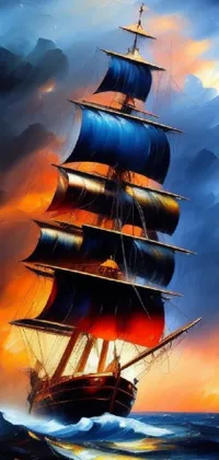 This phone live wallpaper showcases a stunning, high-definition painting of a sailing ship sailing across the ocean