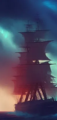 Get lost in this stunning phone live wallpaper! A majestic tall ship glides through a calm sea, surrounded by distant islands and snow-capped mountains