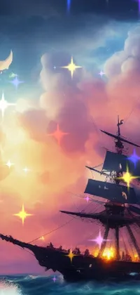This stunning live wallpaper for your phone features a charming painting of a ship sailing in the vast ocean