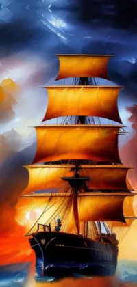 This live phone wallpaper features a stunning digital painting of a sailing ship on the ocean
