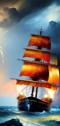This stunning phone live wallpaper showcases a breathtaking seascape featuring a tall ship sailing in the middle of the ocean