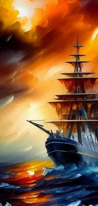 This phone live wallpaper showcases a stunning digital painting of a ship navigating the sea