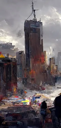 This phone live wallpaper features a surreal and futuristic painting of a man standing in the middle of a cyberpunk city