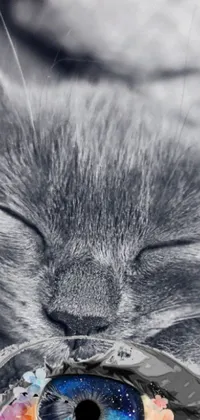 If you're a cat lover, this phone live wallpaper is perfect for you! The close-up image of a cute grey kitten with closed eyes and a stipple effect on its fur is simply stunning
