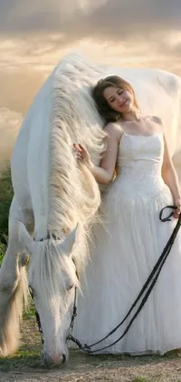 This is a stunning live wallpaper of a woman in a white dress standing next to a white horse, showcasing a beautiful blend of romanticism and realism