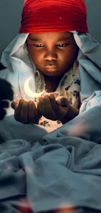 This live wallpaper features a heartwarming digital art scene of a young boy holding something in his hands against a tranquil night-time setting