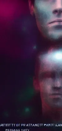 This phone live wallpaper displays digital art featuring two standing men accompanied by a glowing head and multiverse in a detailed and complex background