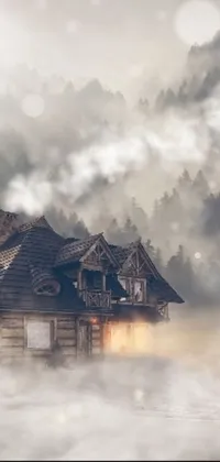 This live phone wallpaper features a serene cabin in a misty forest
