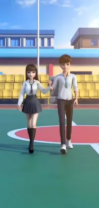 This lively phone live wallpaper features a colorful 3D cartoon of a couple on a tennis court, dressed in school uniforms and holding rackets