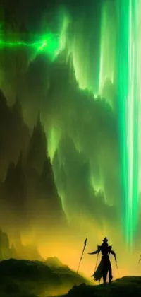 This phone live wallpaper showcases a breathtaking artwork of two individuals standing atop a mountain surrounded by green glowing lights, triptych design, and blizzard warcraft art style with neon pillar accents
