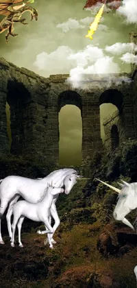 This live wallpaper for your phone presents an eye-catching scene of two unicorns in front of a stunning castle