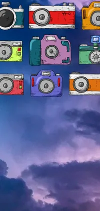 This phone live wallpaper features a mesmerizing design with a bunch of cameras perched atop a cloudy sky