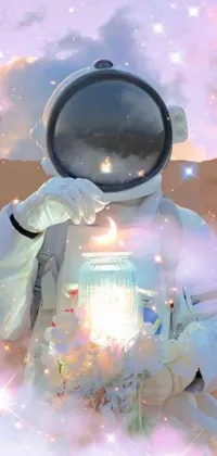 This phone live wallpaper displays an amazing digital art featuring a person dressed in a space suit, set against the breathtaking expanse of space